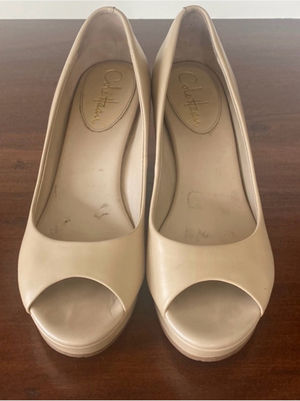 Cole Haan Beige Open-Toe Platform Wedges